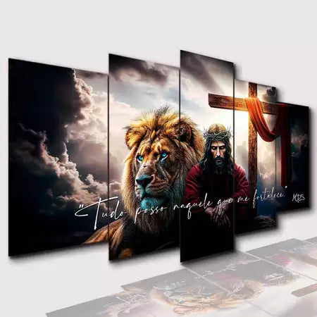 Kit 5 Quadros Jesus, Leão e Cruz