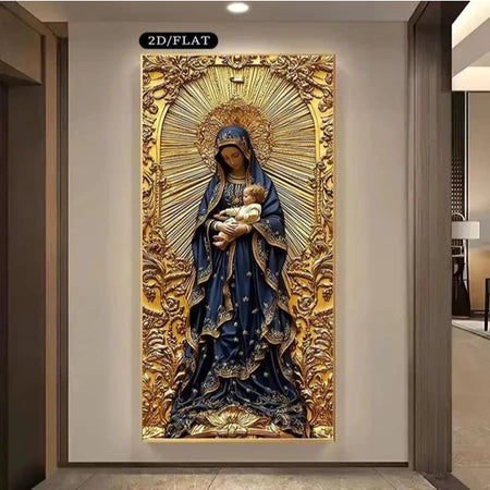 Quadro Nossa Senhora com Menino Jesus em Relevo Dourado