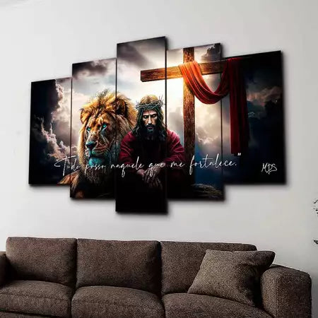 Kit 5 Quadros Jesus, Leão e Cruz