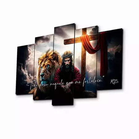 Kit 5 Quadros Jesus, Leão e Cruz
